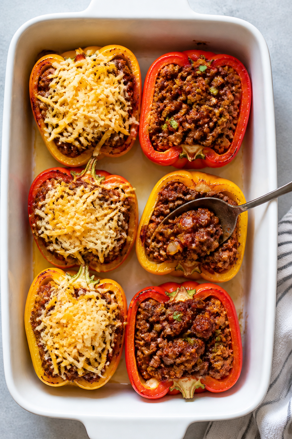 Cooking process: Overhead shot of par-baked bell pepper halves being stuffed with thick, saucy taco 