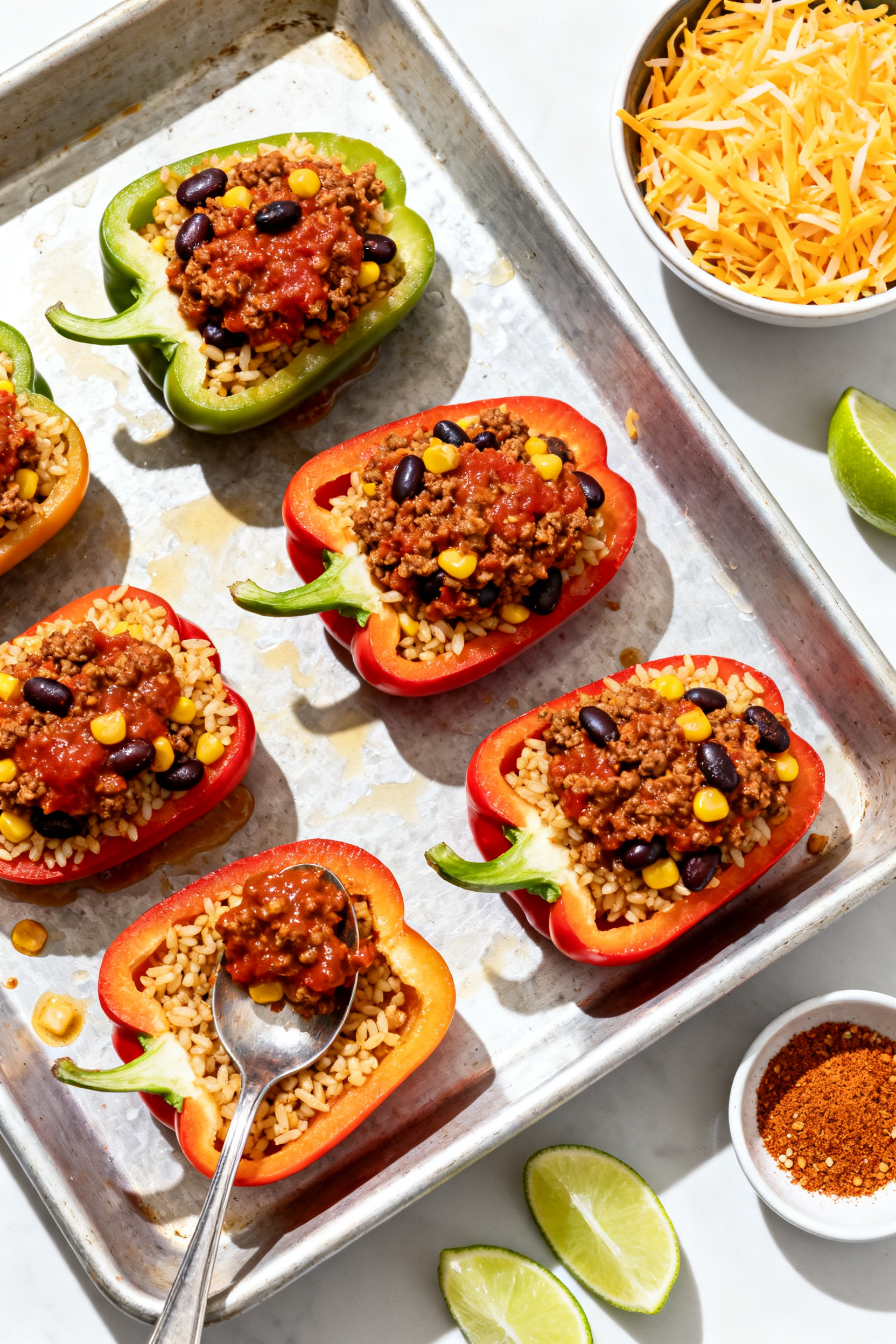 Cooking process: Overhead shot of par-baked pepper halves being filled on a lightly oiled baking dis