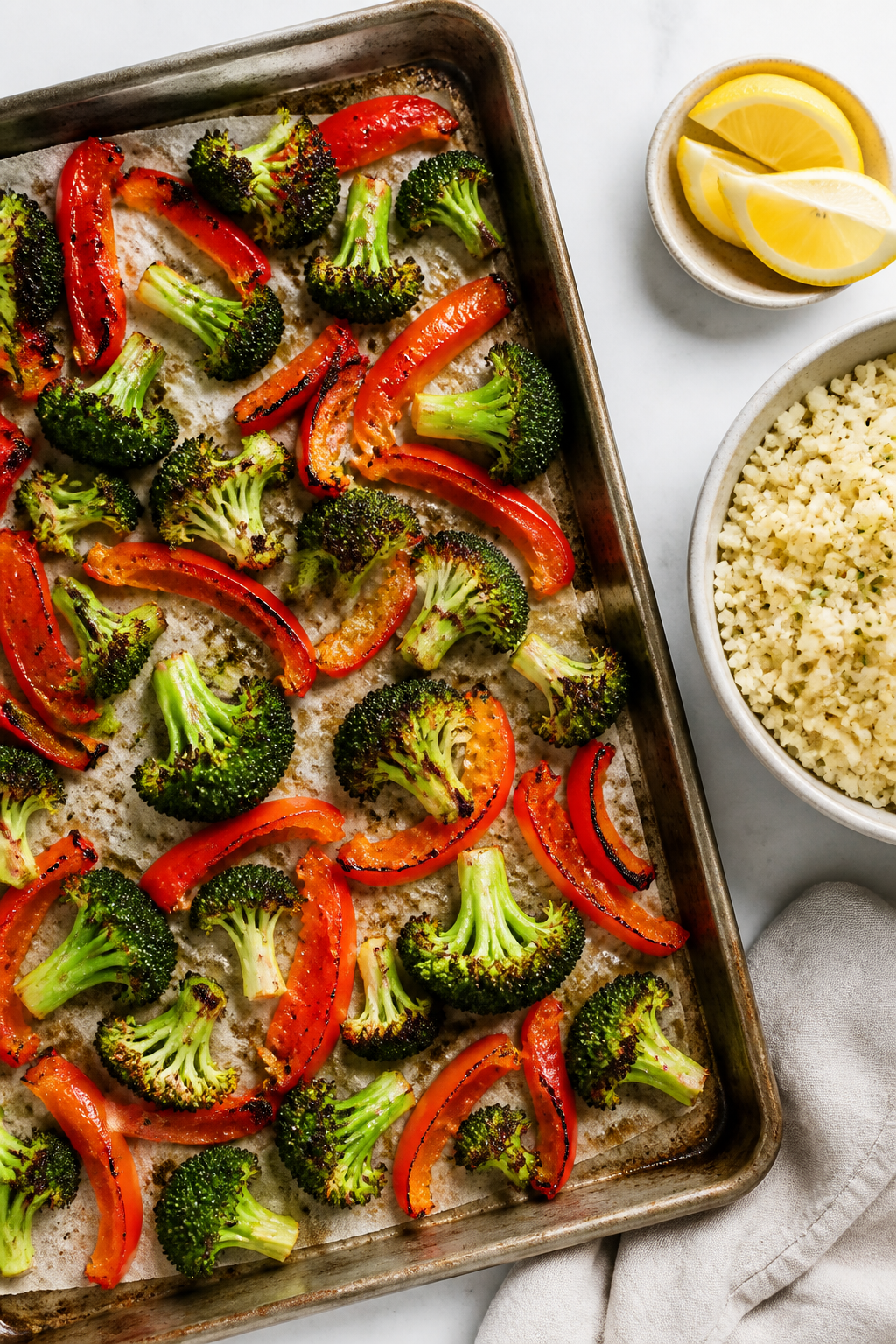 Cooking process: Overhead shot of roasted veggie prep for the bowls—sheet pan of crisp-tender broc
