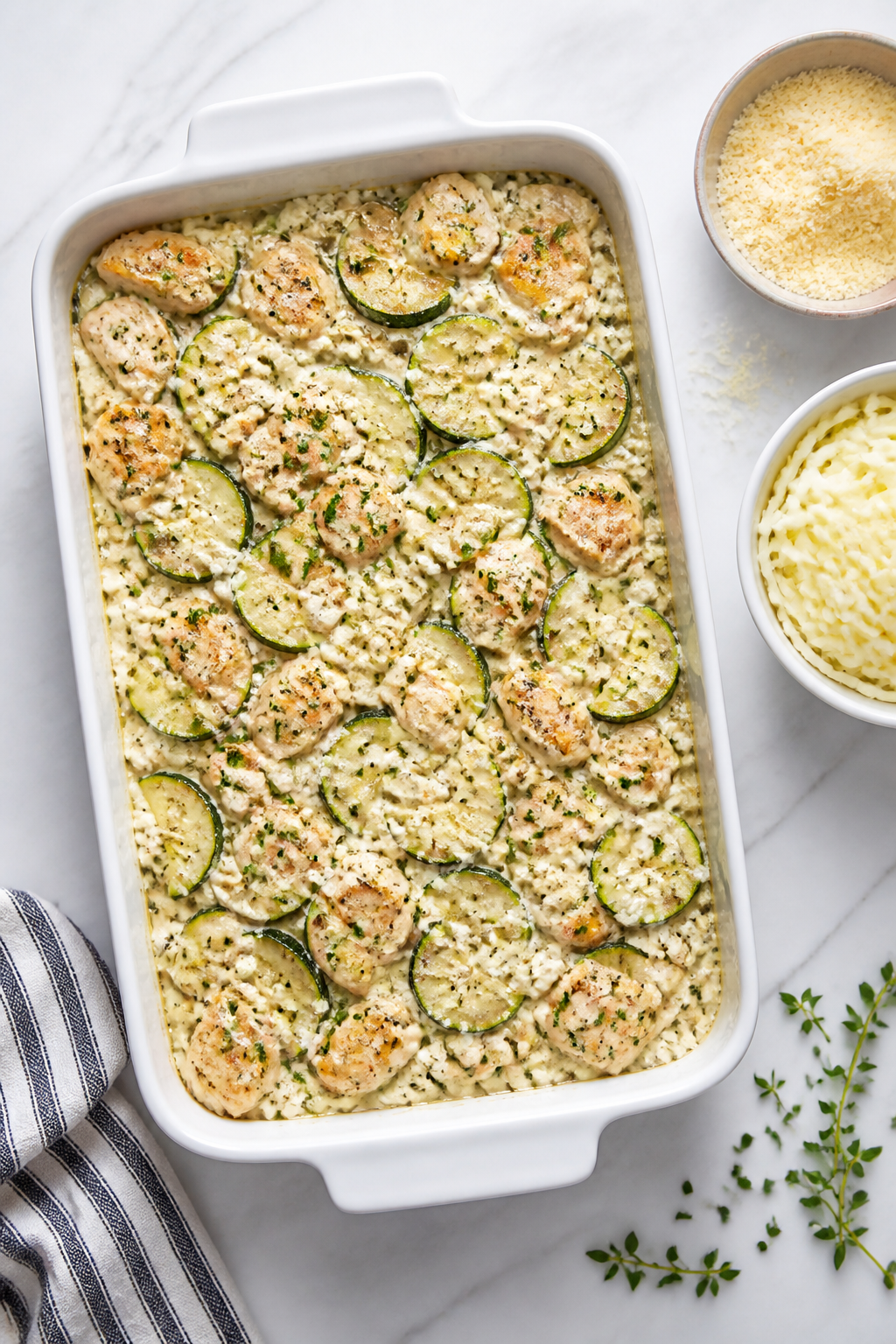 Cooking process: Overhead shot of the assembled chicken zucchini mixture being spread evenly in a 9x
