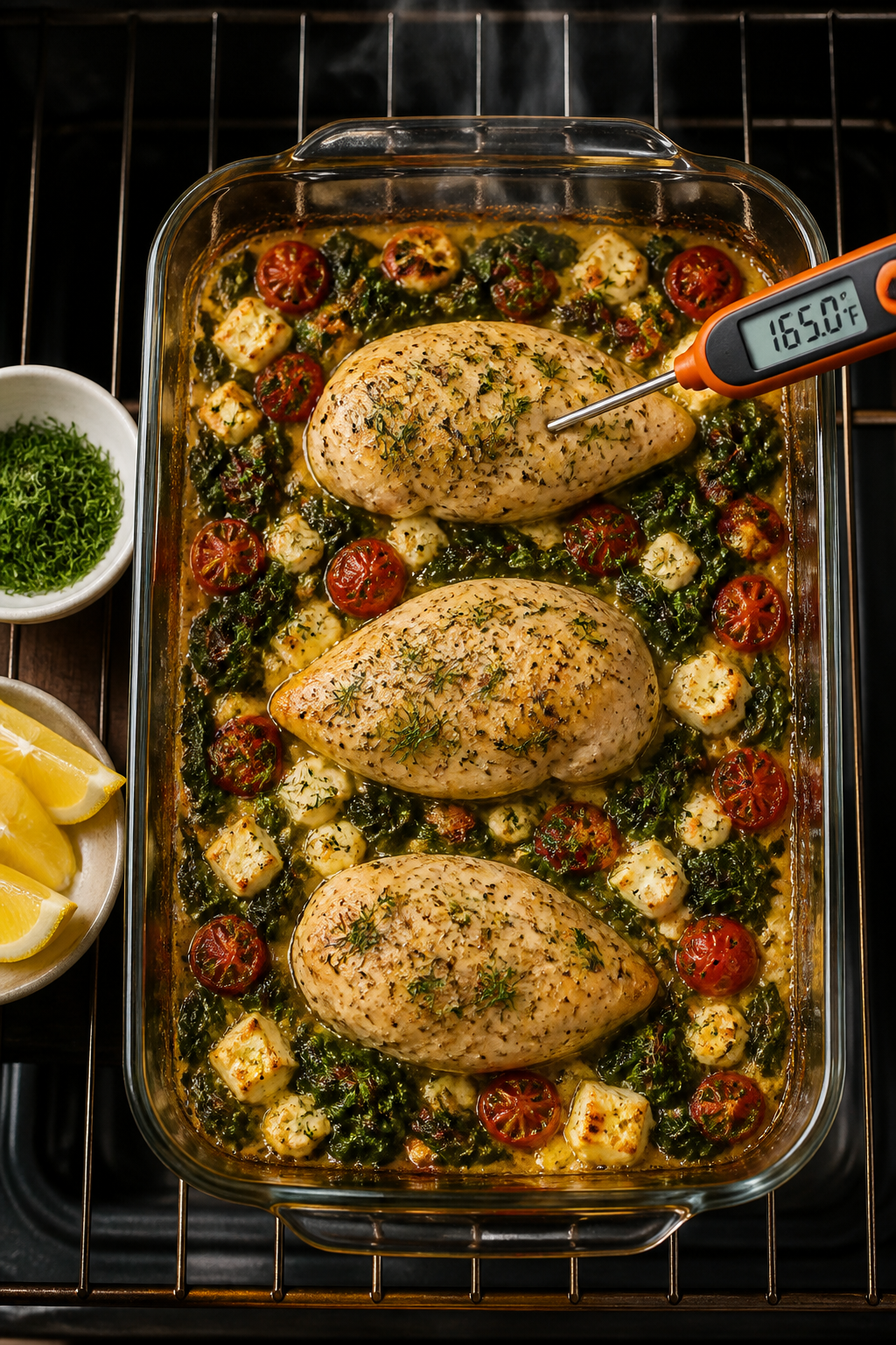 Cooking process: Overhead shot of the bake mid-broil in a 9x13 baking dish, showcasing lightly caram