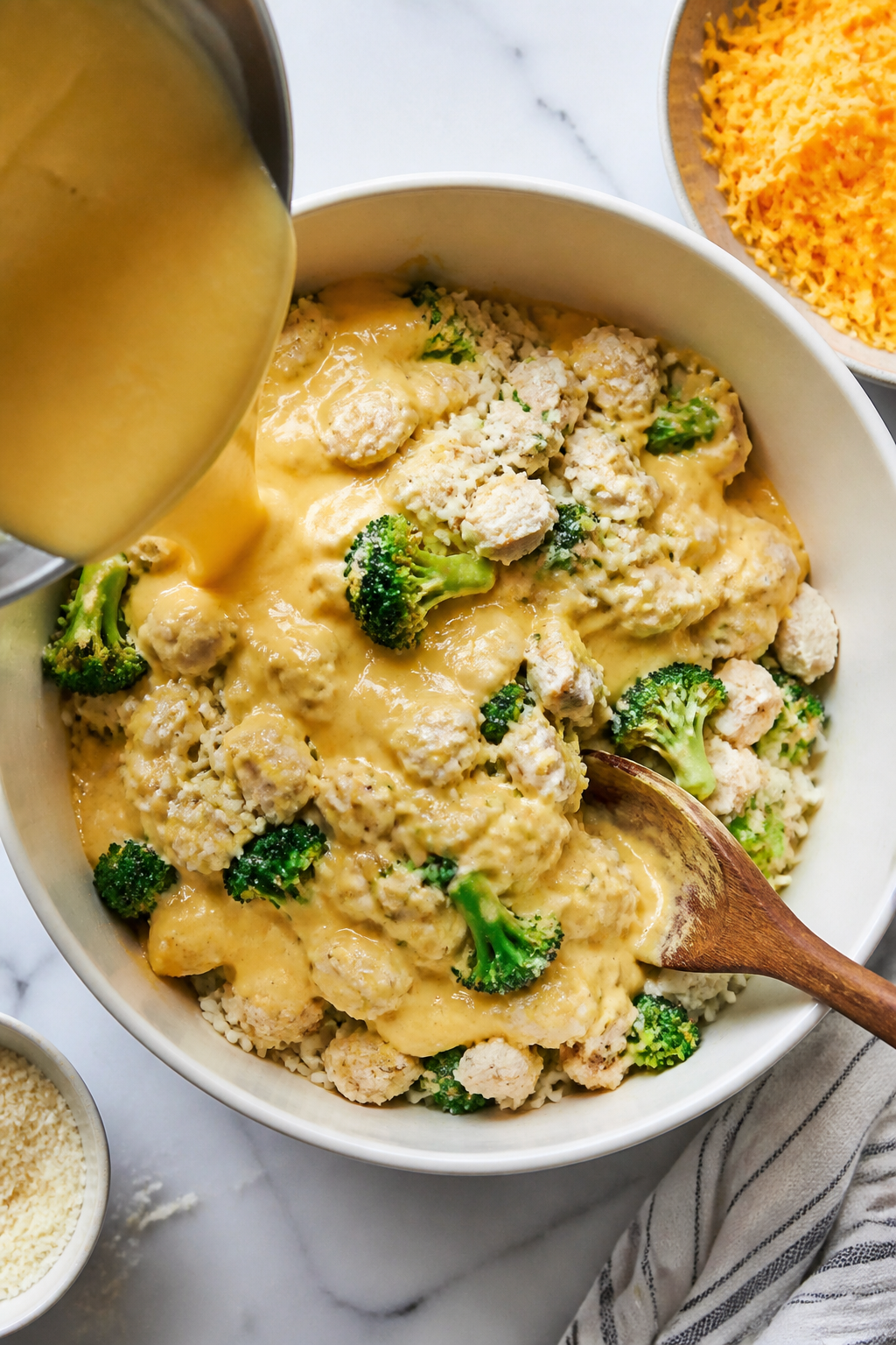 Cooking process: Overhead shot of the casserole mixture being combined in a large bowl—cooked rice