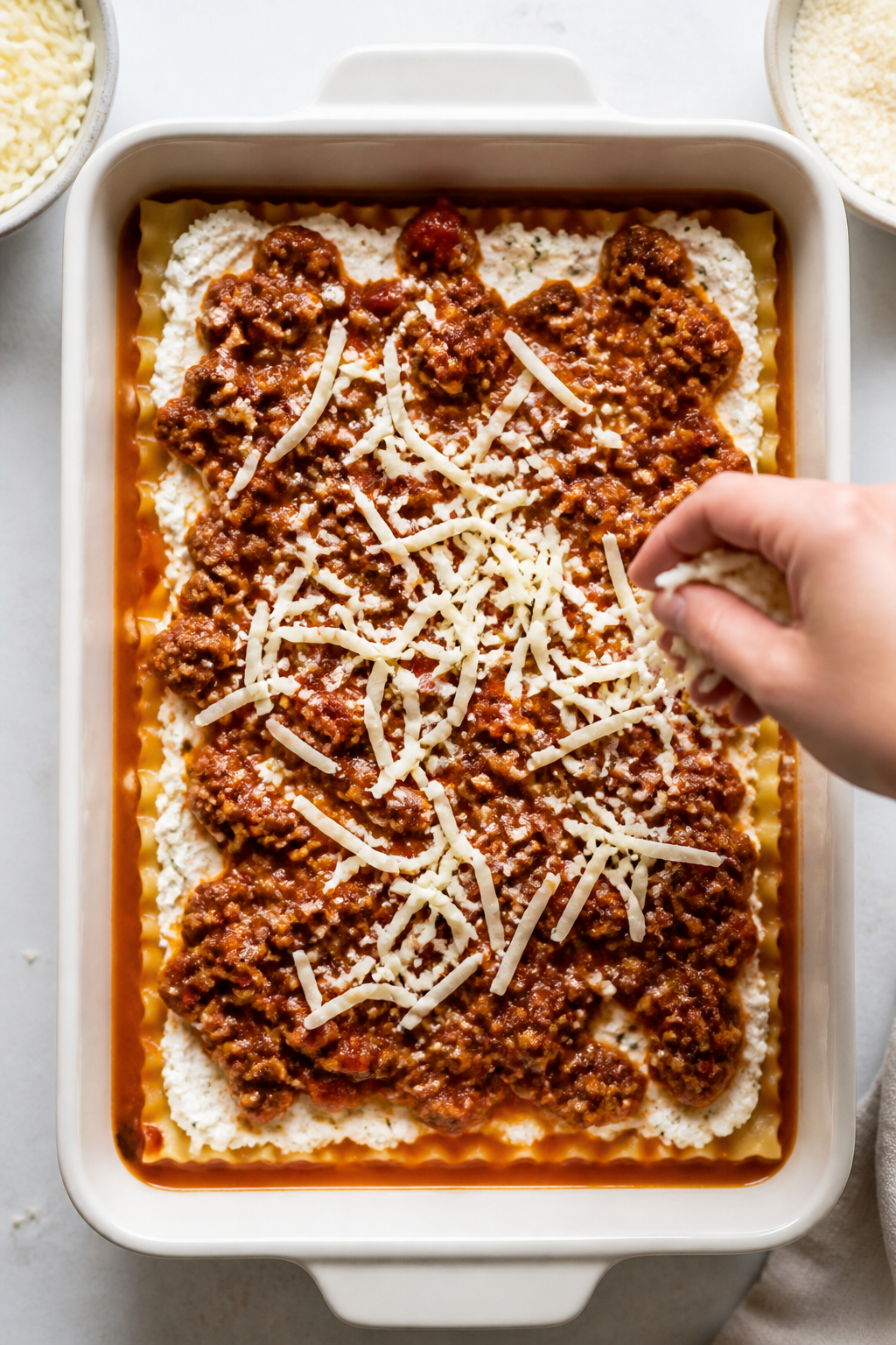 Cooking process: Overhead shot of the layering step in a greased 9x13 pan—first noodle layer fully