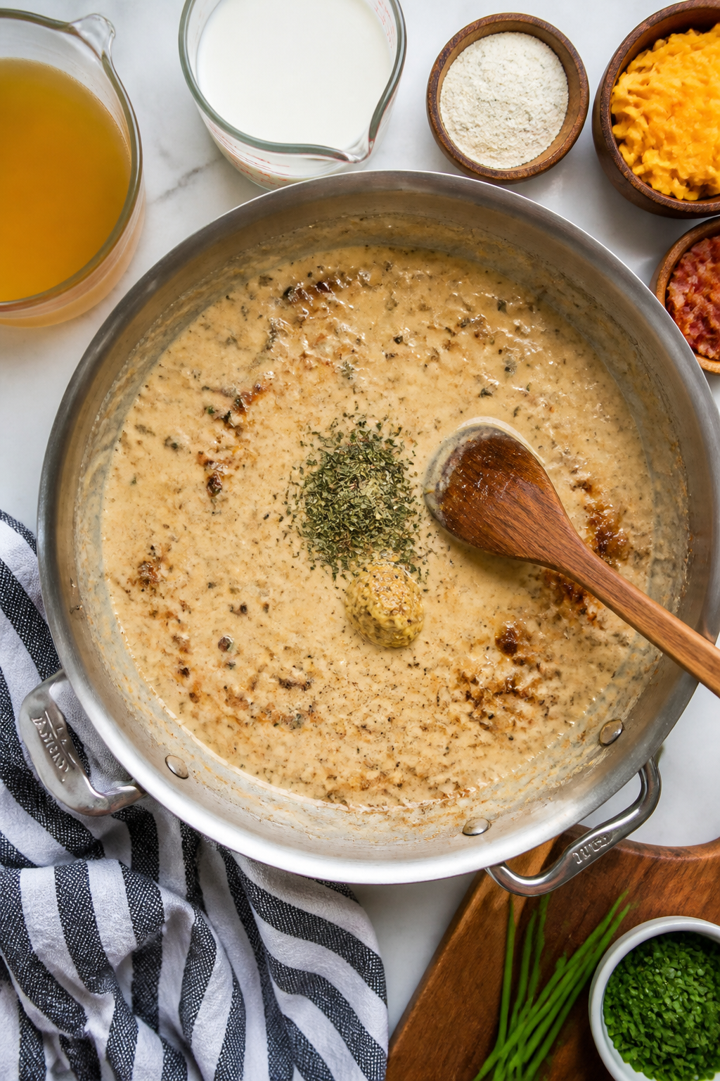 Cooking process: Overhead shot of the sauce-building stage in a large skillet—garlic sizzling in b