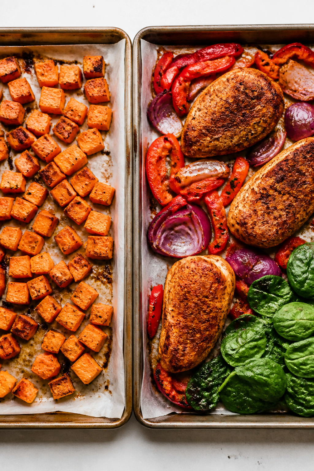 Cooking process: Overhead shot of two sheet pans mid-roast—one with tender, browned sweet potato c