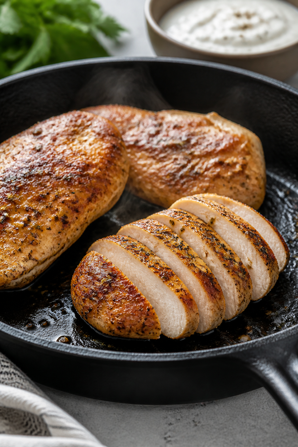 Cooking process — Pan-seared chicken for Caesar wraps: Golden-brown, juicy chicken breasts resting