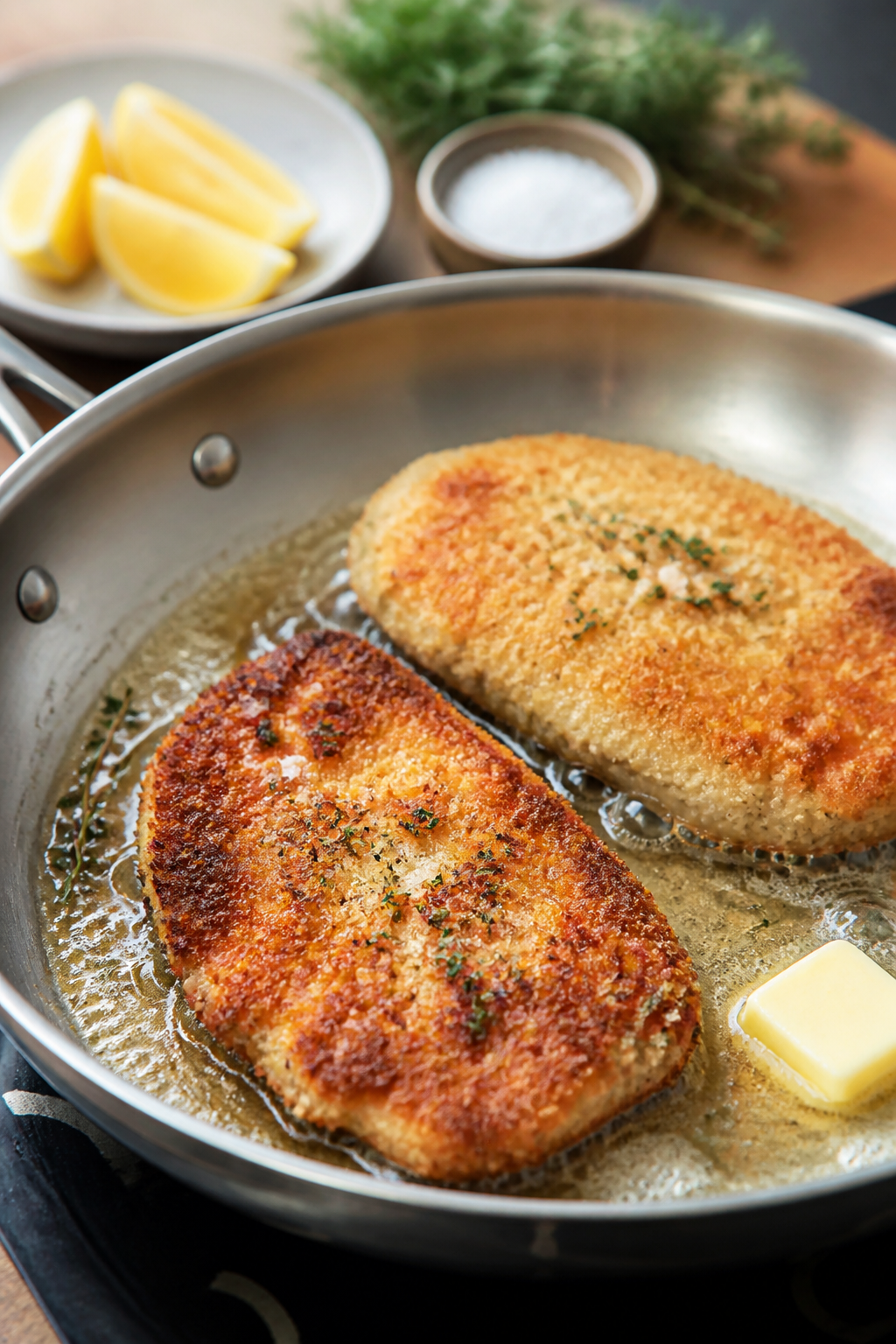 Cooking process: Parmesan-crusted chicken cutlets sizzling in a large skillet, mid-sear with oil gen
