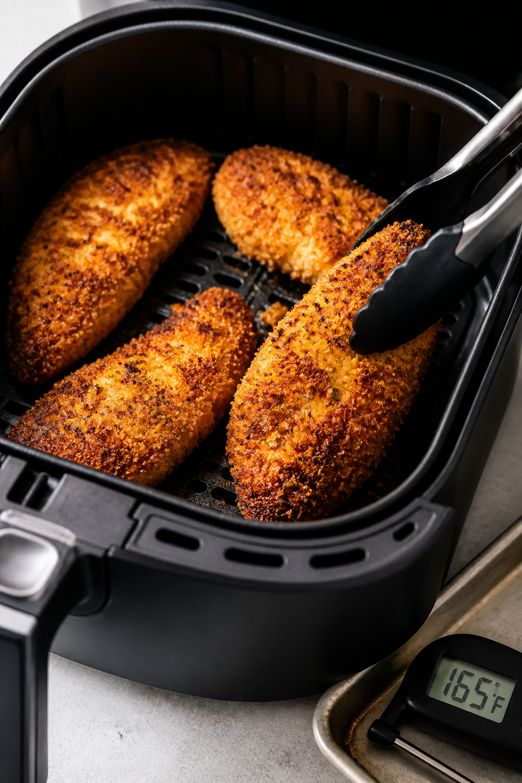 Cooking process: Parmesan-crusted chicken in an air fryer basket at the flip stage—cutlets evenly