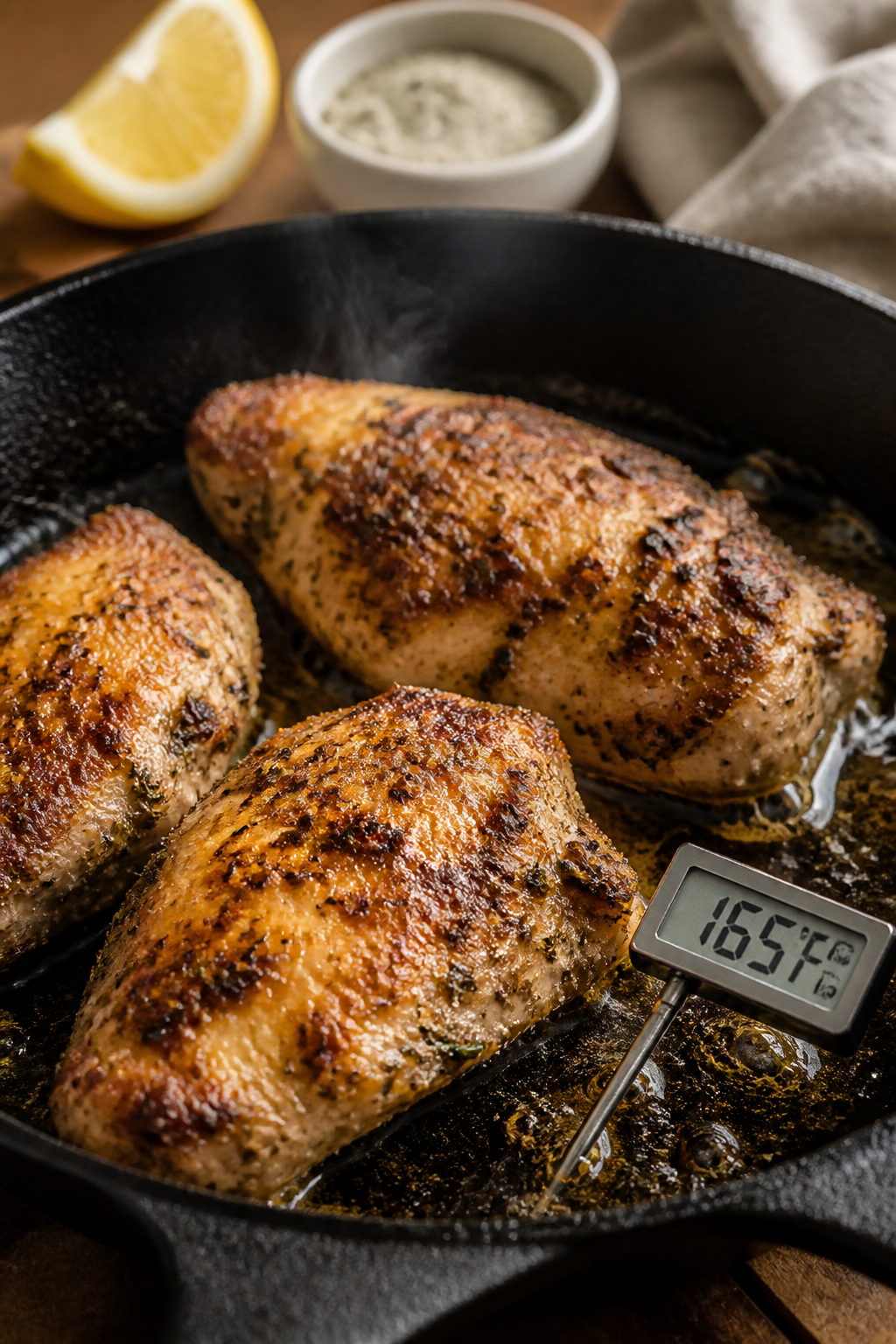 Cooking process: Ranch chicken searing in a cast-iron skillet, mid-cook; beautifully browned surface