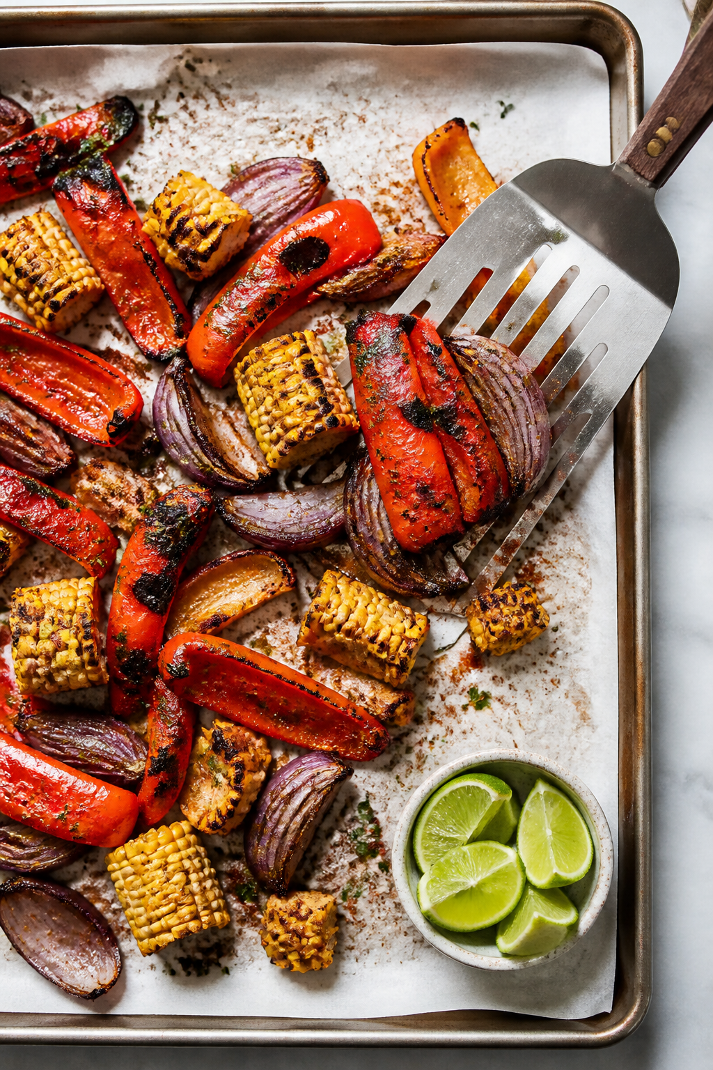 Cooking process: Roasted bell peppers, red onion, and corn on a sheet pan at the moment of perfect c