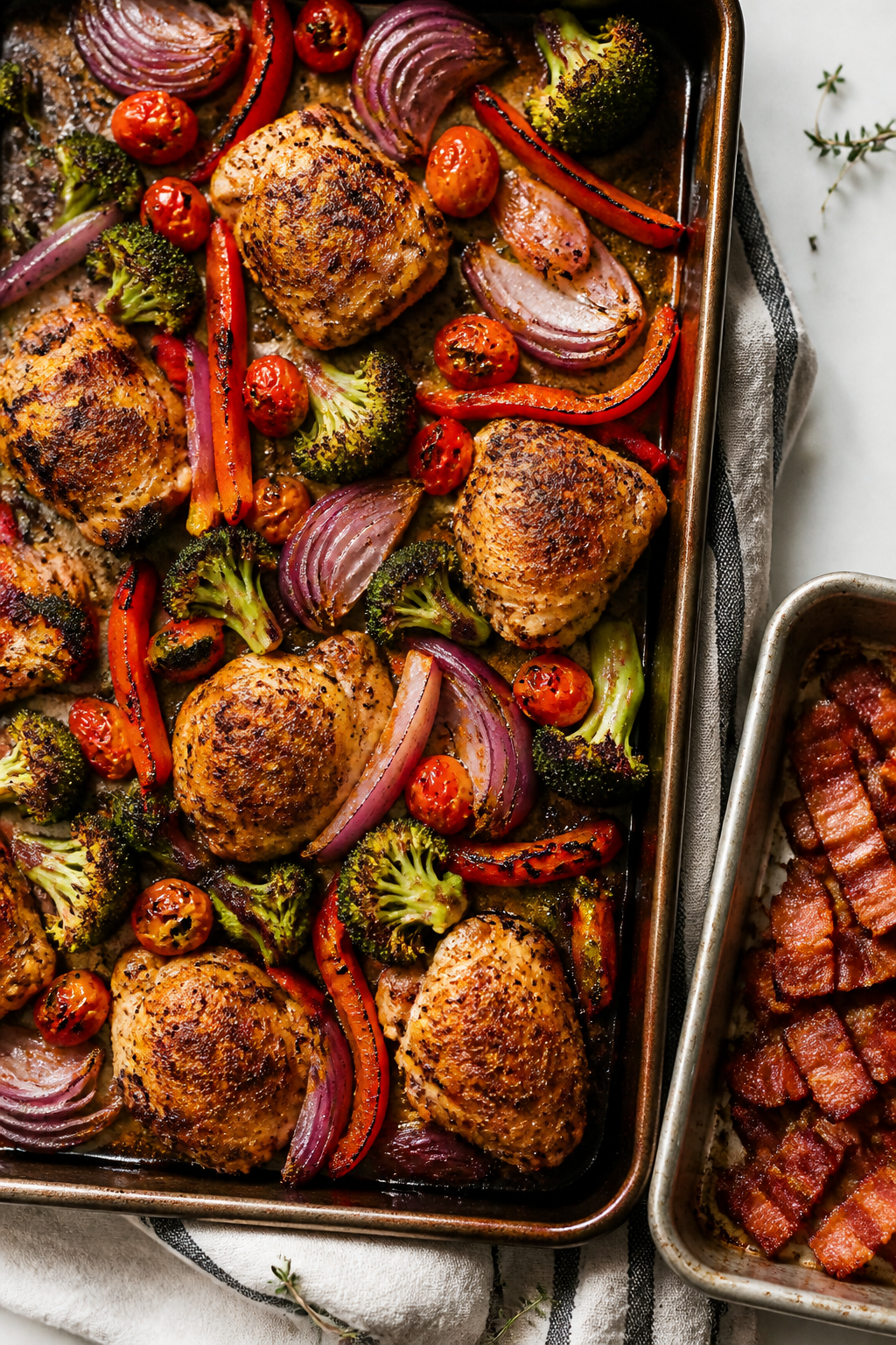 Cooking process – roasted elements coming together: Overhead shot of a large sheet pan just pulled