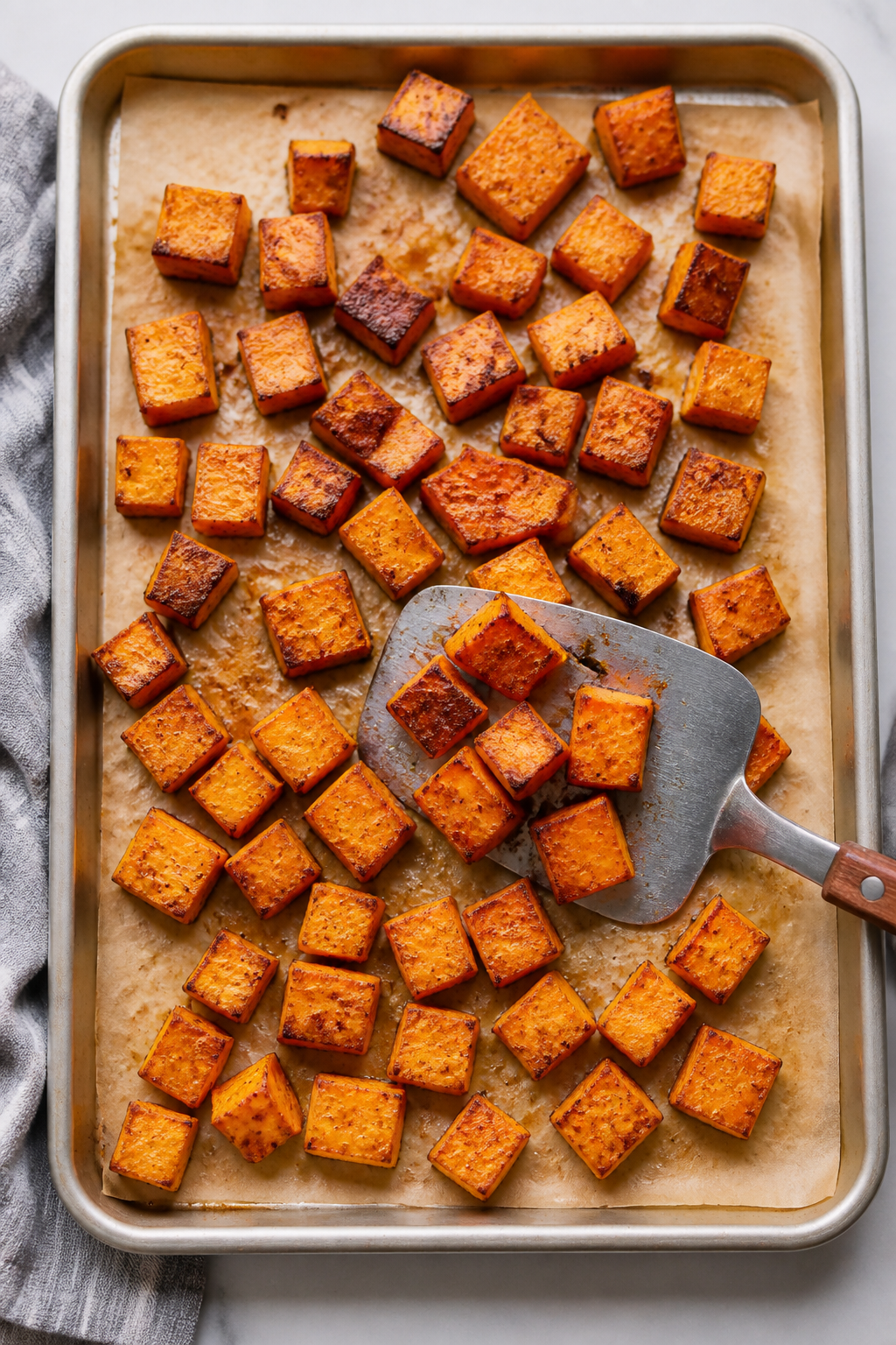 Cooking process: Roasted sweet potato cubes on a parchment-lined sheet pan right out of the oven at