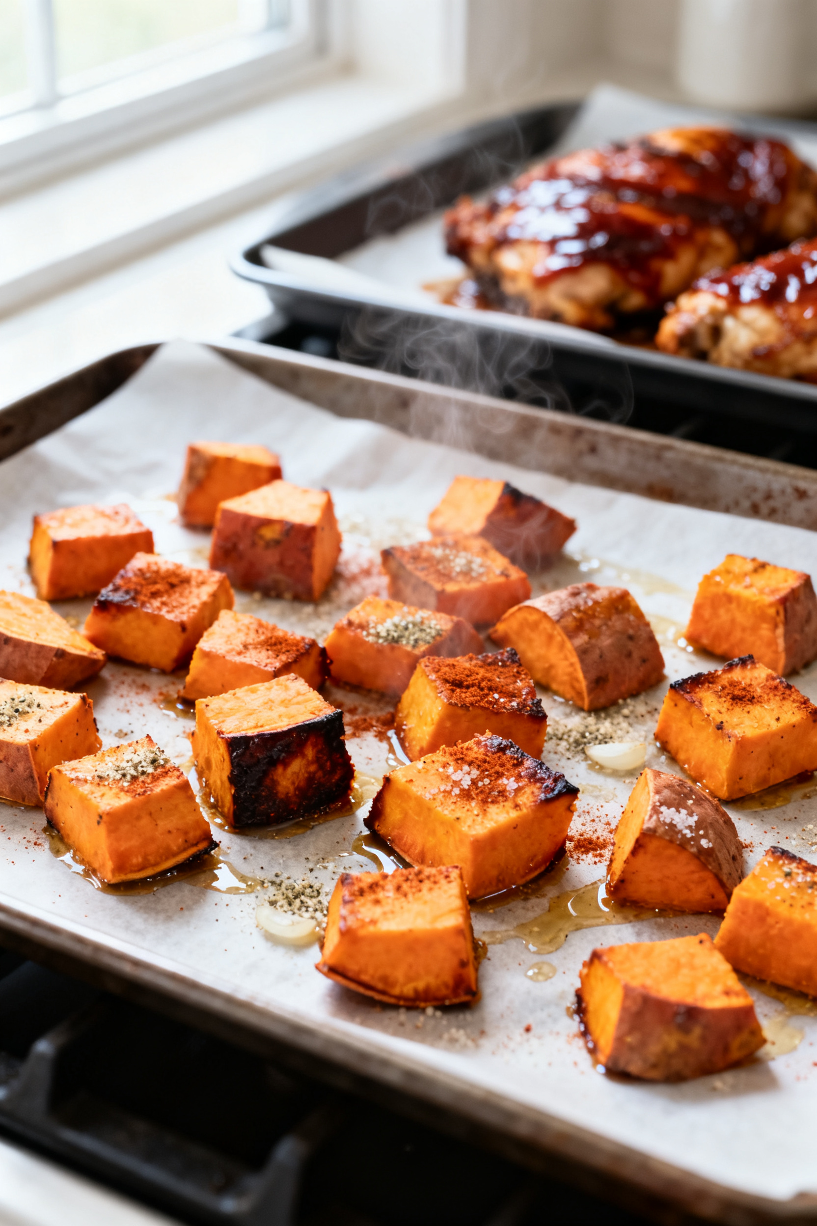 Cooking process: Roasted sweet potatoes mid-bake on a parchment-lined sheet pan at 425°F, cubes gol