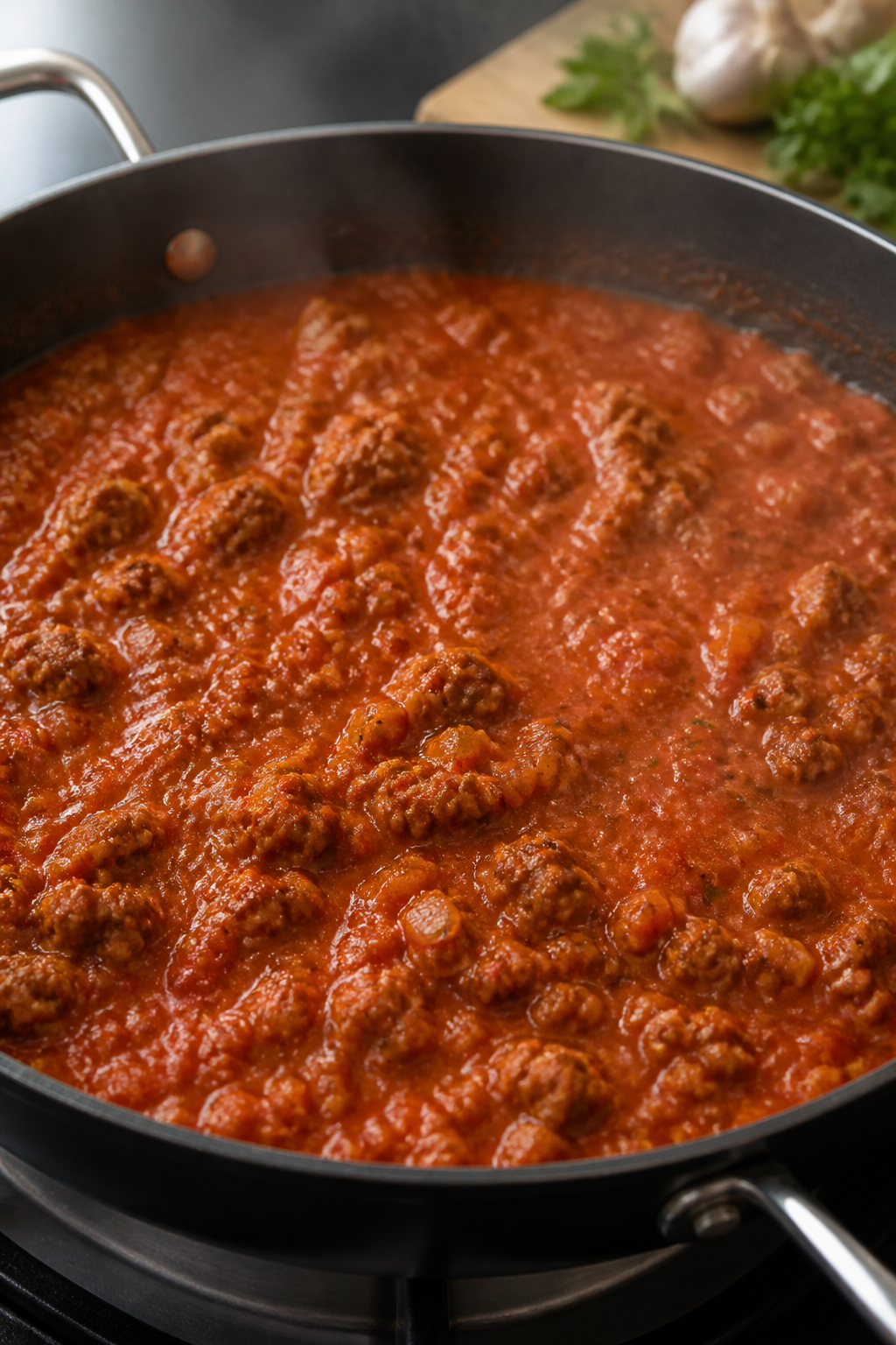 Cooking process — Sauté and simmer stage: Close-up of a deep skillet filled with browned lean gro