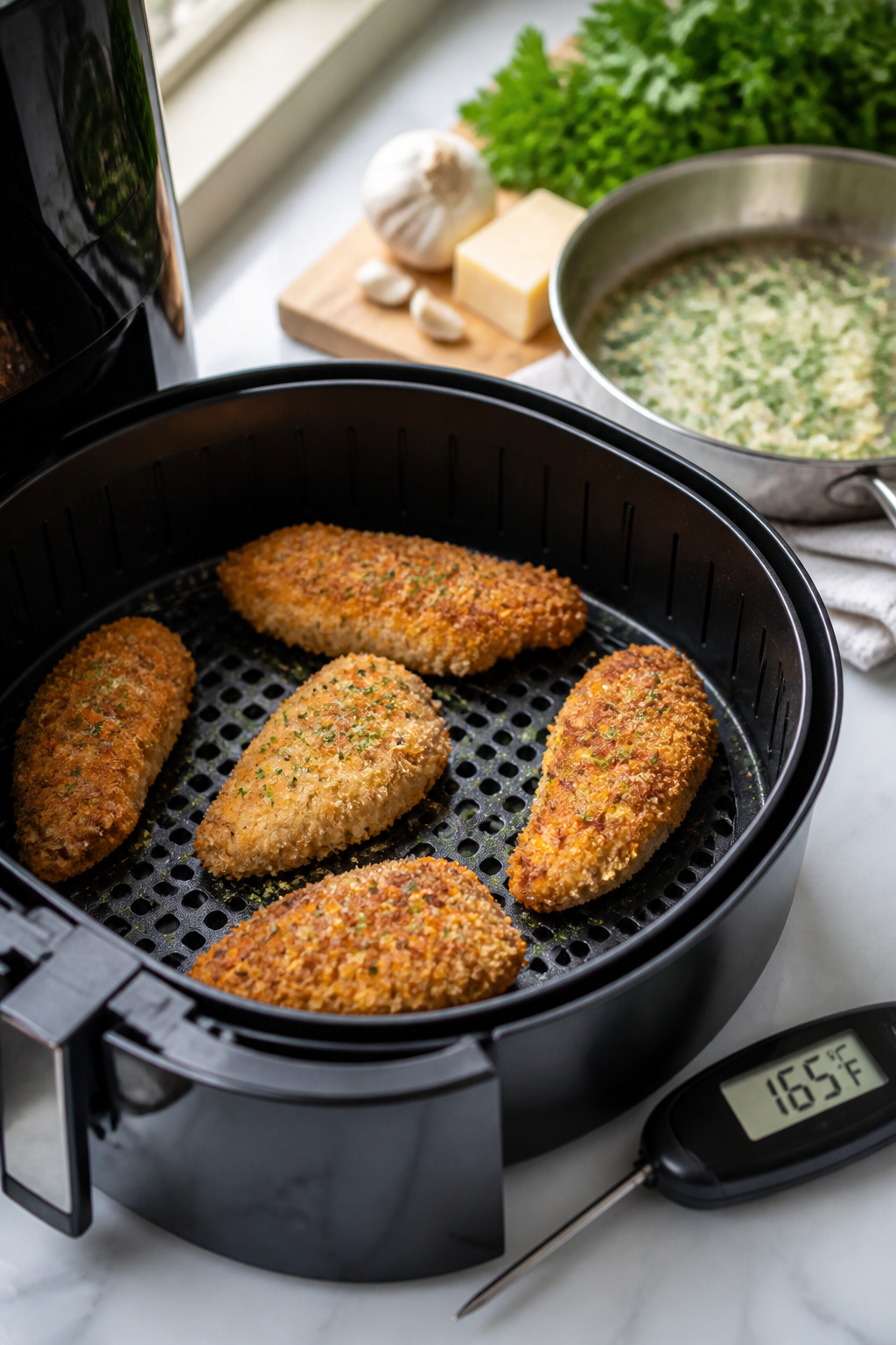 Cooking process scene: breaded chicken tenders in an air fryer basket mid-cook, spaced apart and lig