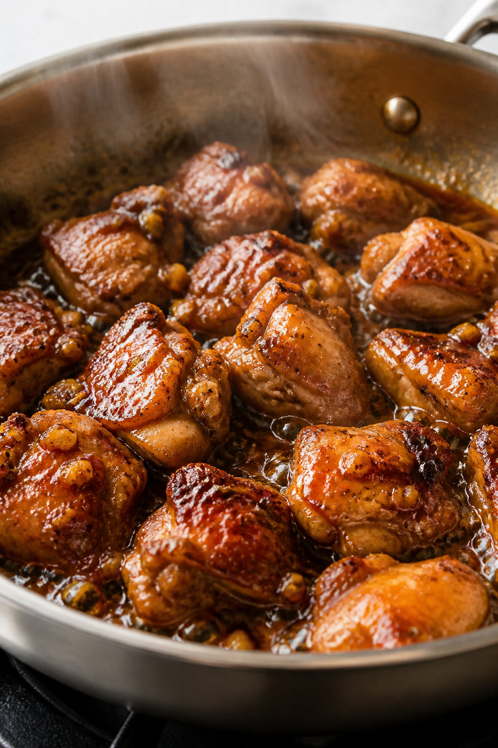 Cooking process — Searing and glazing: Close-up of bite-size chicken thigh pieces sizzling in a wi
