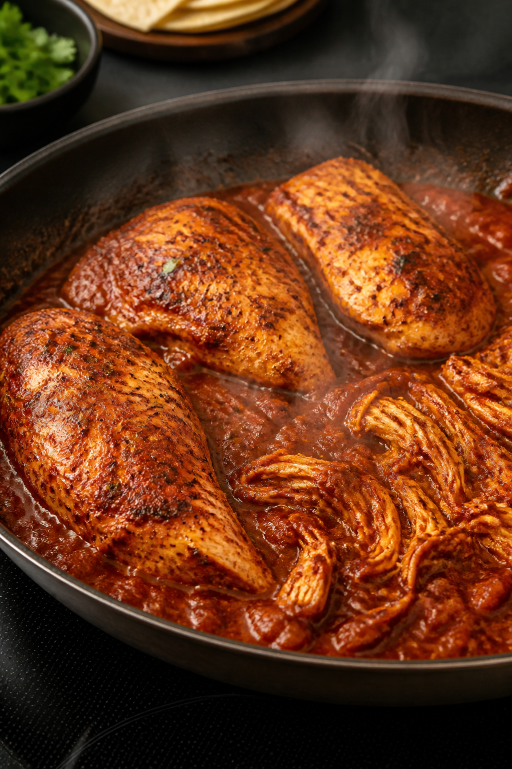 Cooking process — Searing and saucing: Tender chicken breasts searing in a wide skillet, golden-br
