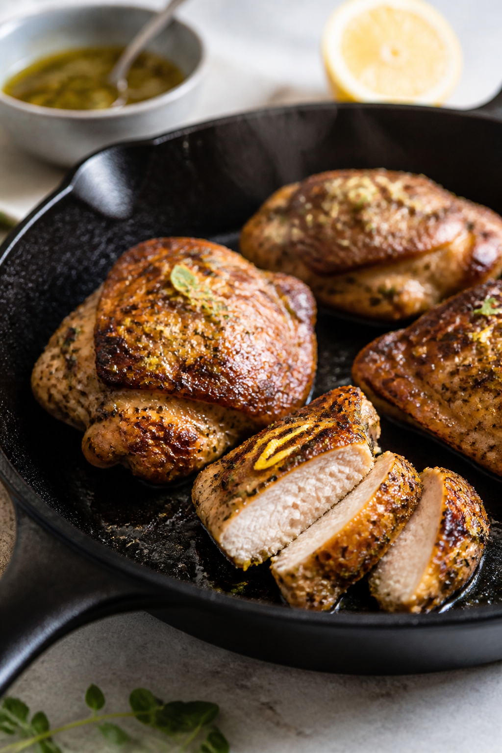 Cooking process — Searing lemon-herb chicken thighs in a cast-iron skillet: golden-brown, carameli