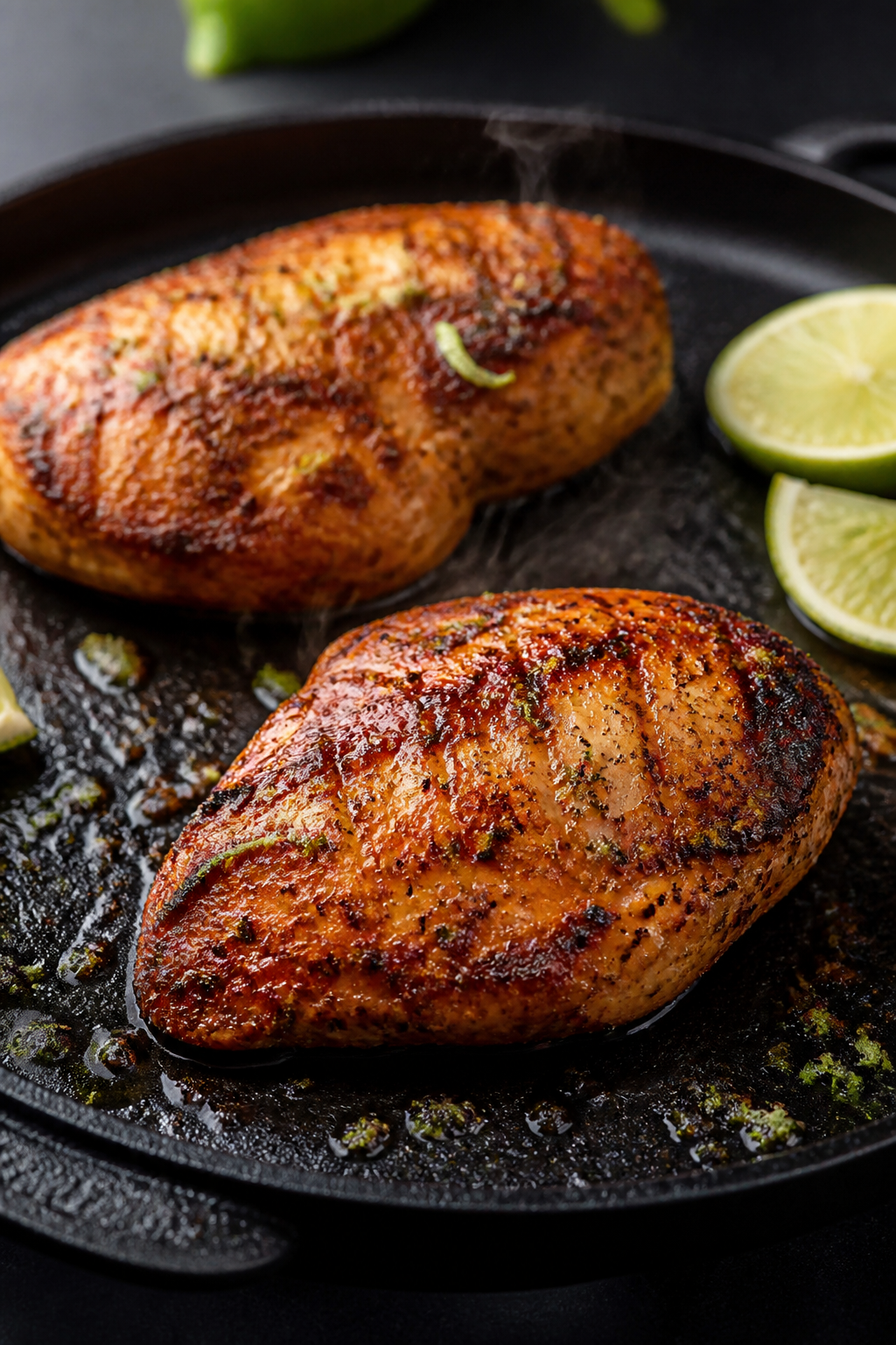 Cooking process – Searing marinated chicken: Close-up of golden-browned chicken breasts on a hot c