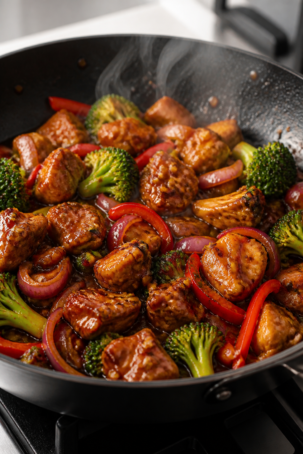 Cooking process — Searing stage: Bite-size chicken thighs sizzling in a large skillet over medium-