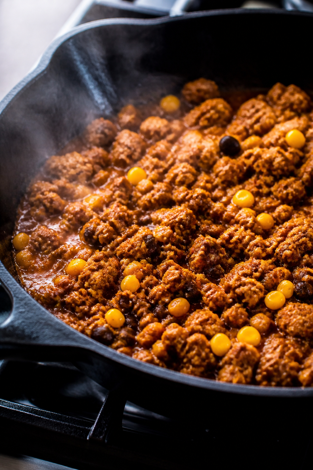 Cooking process: Seasoned ground turkey sizzling in a cast-iron skillet, spices just bloomed with a 