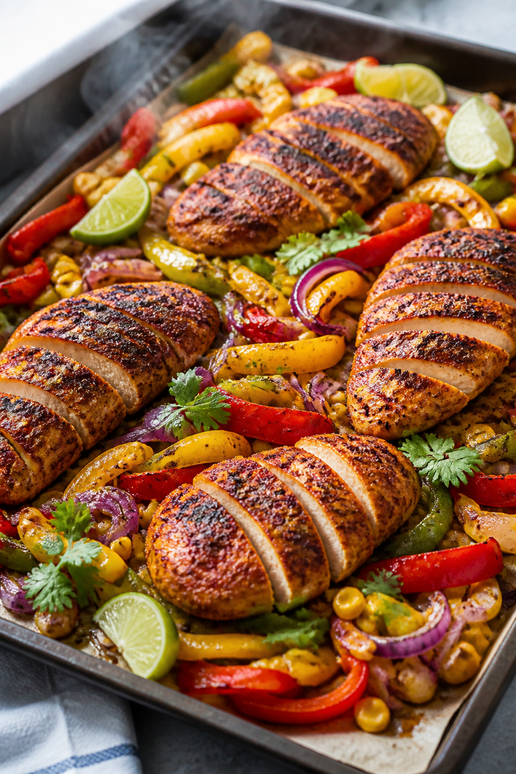 Cooking process, sheet-pan action: Roasted Southwest chicken and veggies just out of the oven on a d
