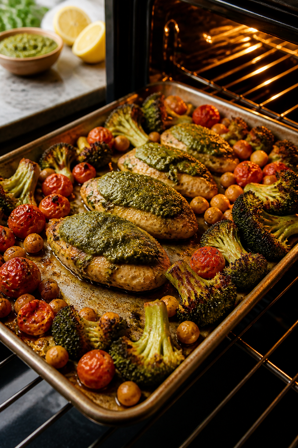 Cooking process: Sheet pan in the oven mid-roast with veggies pushed to the sides and pesto-slathere