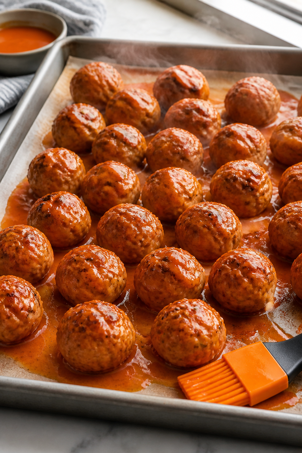 Cooking process: Sheet pan of fully cooked turkey meatballs at 425°F being finished—meatballs ret