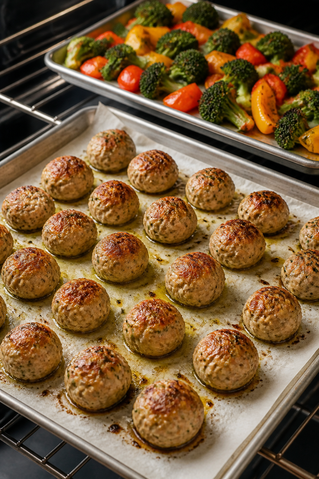 Cooking process: Sheet pan of oven-baked chicken meatballs at 425°F mid-cook—meatballs evenly spa