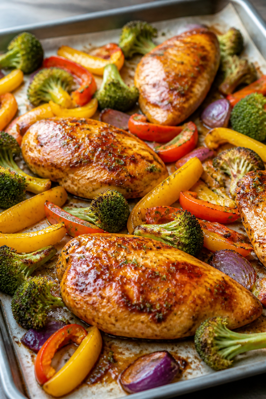 Cooking process — Sheet-pan roast: Golden, BBQ ranch–coated chicken breasts roasting alongside c