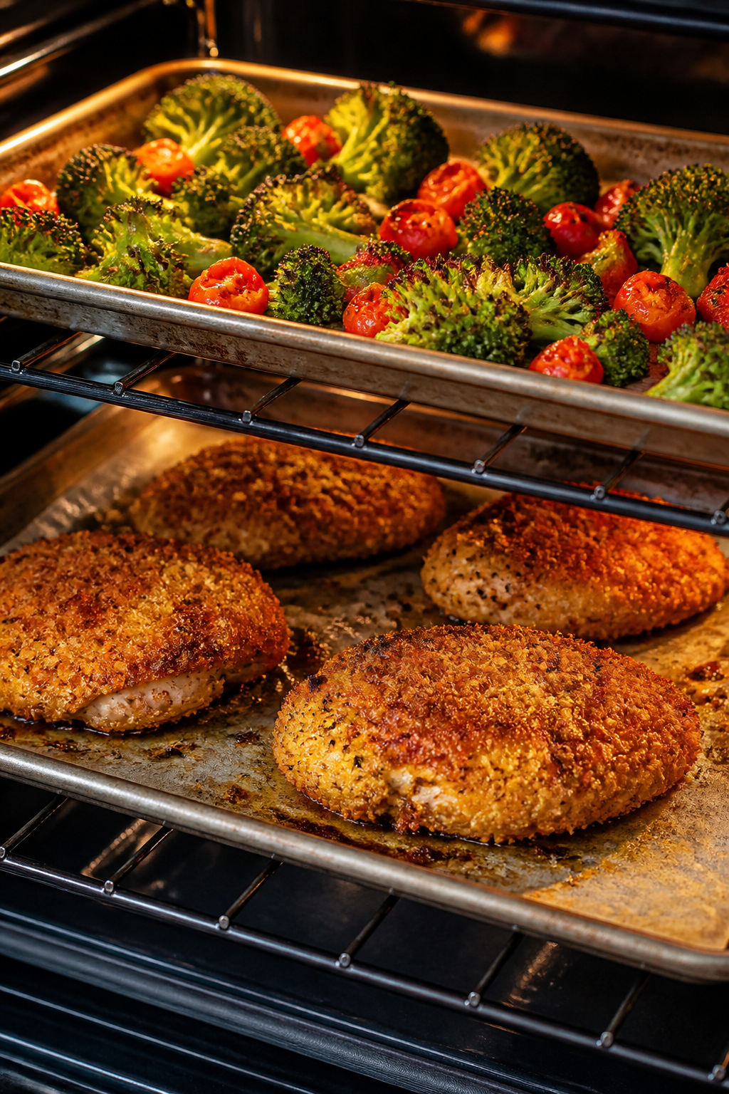 Cooking process: Sheet-pan scene in the oven at 425°F showing the crusted chicken on a parchment-li