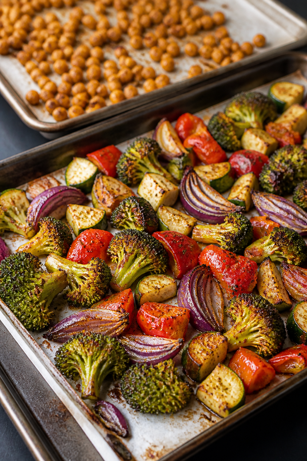 Cooking process: Sheet pans of roasted broccoli florets, red onion wedges, and diced red bell pepper