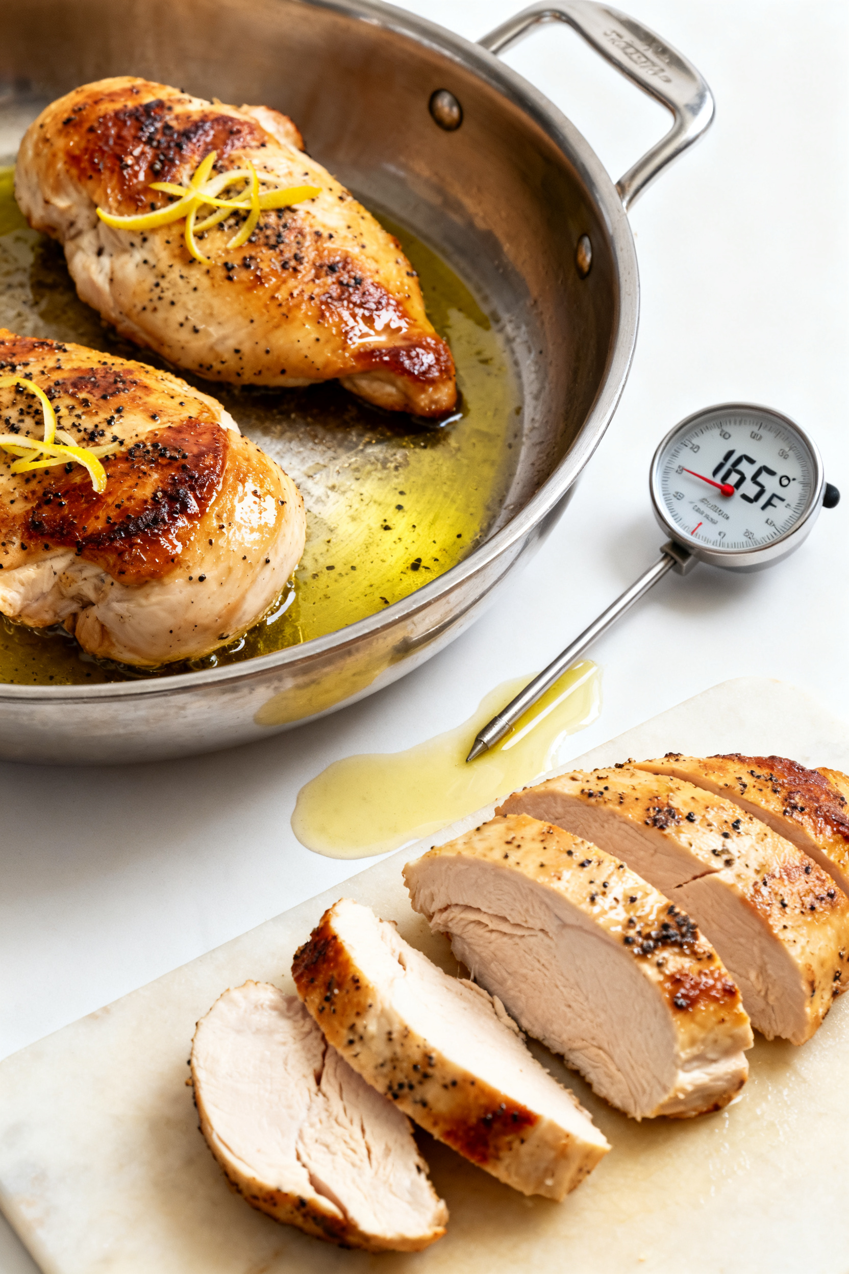 Cooking process shot: Golden-seared chicken breasts in a stainless-steel skillet over medium-high he