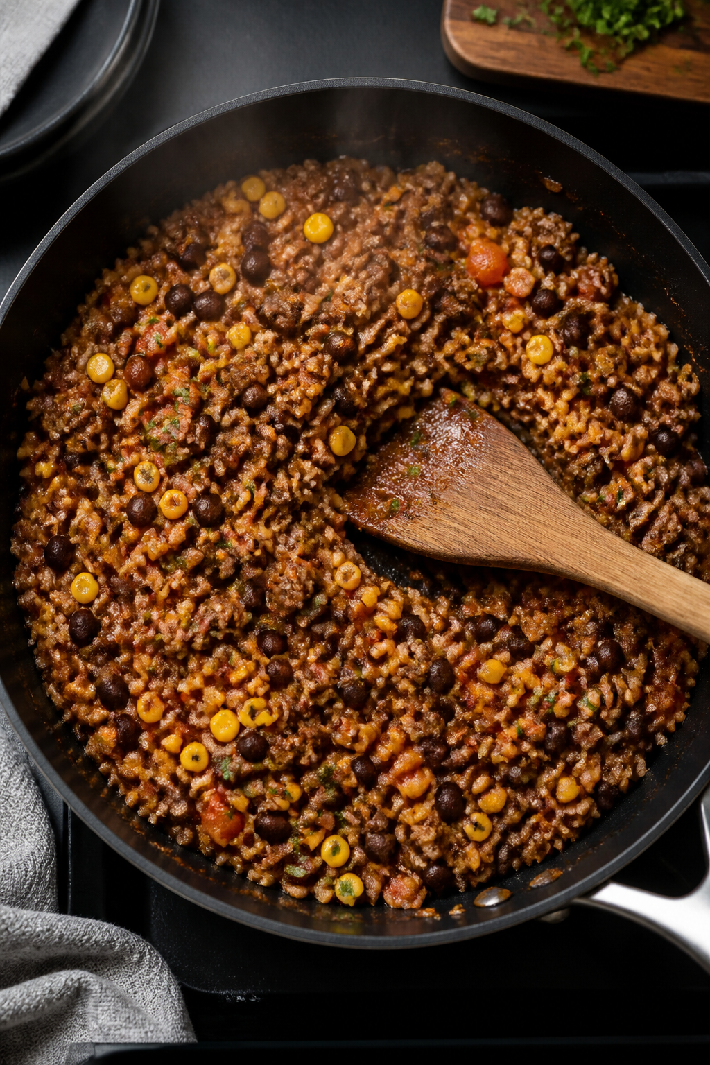 Cooking process shot: Overhead view of the beef taco filling simmering in a wide skillet—browned l