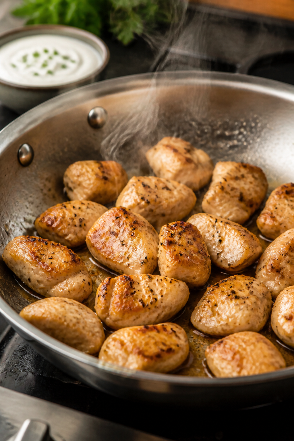 Cooking process shot: Searing bite-sized chicken breast pieces in a stainless skillet, lightly brown