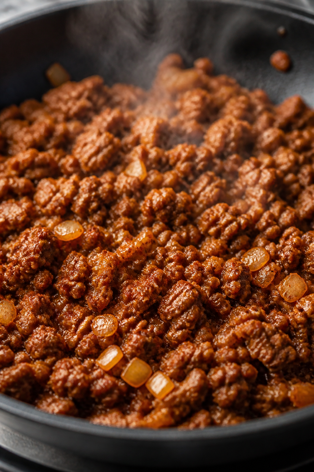 Cooking process shot: Seasoned ground beef sizzling in a wide skillet, close-up of browned, craggy b