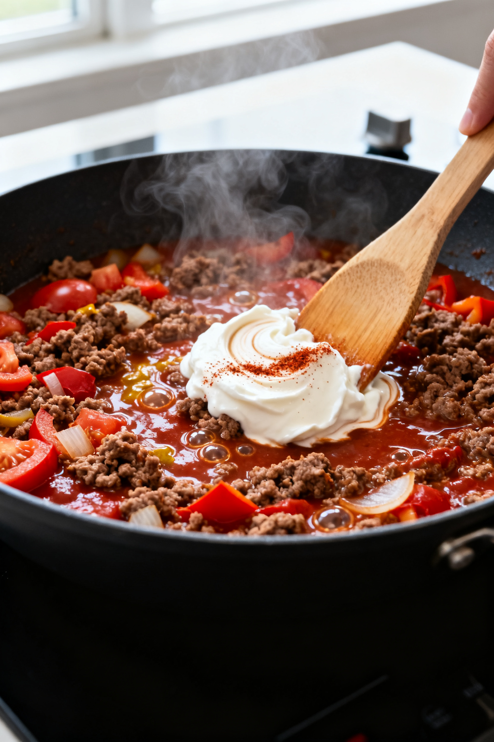 Cooking process, skillet action: Close-up of browned lean ground beef simmering in a rich tomato-mus