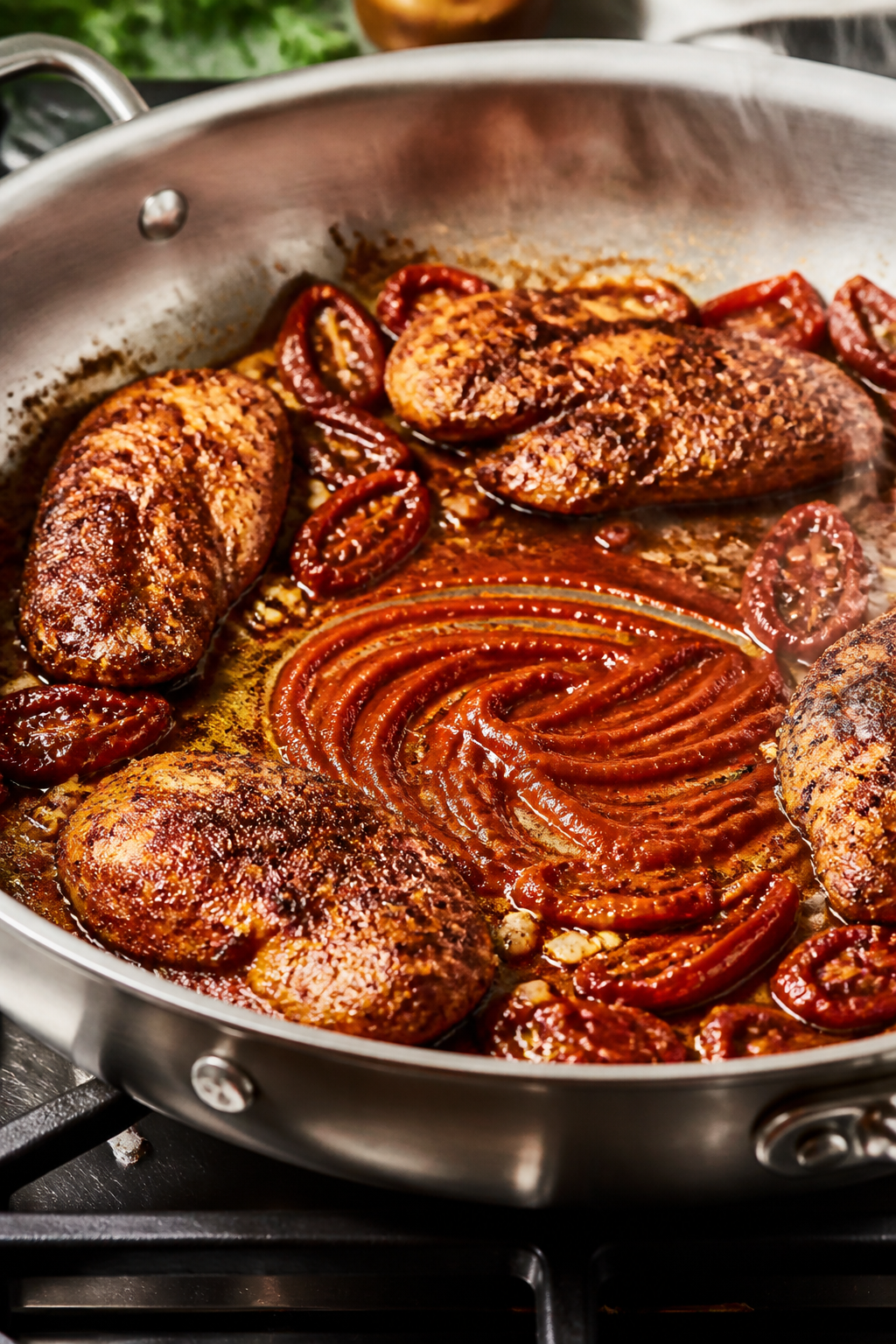 Cooking process, skillet action: Searing spiced chicken cutlets in a large stainless skillet, golden