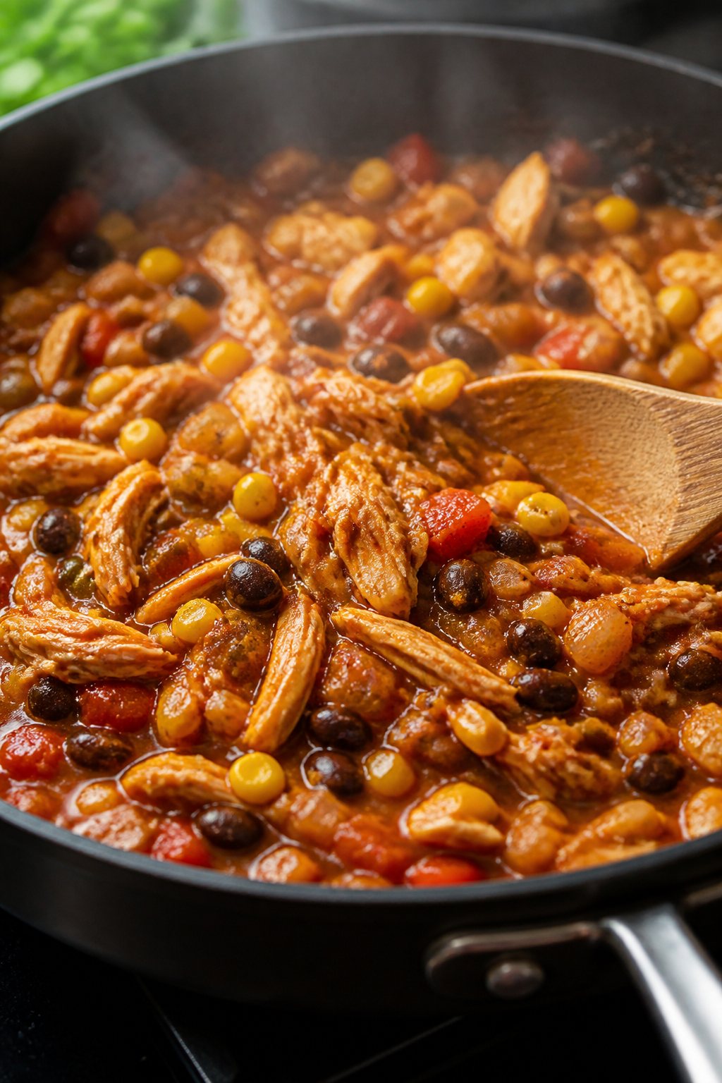 Cooking process, skillet close-up: A steaming, saucy close-up of the taco-casserole filling simmerin