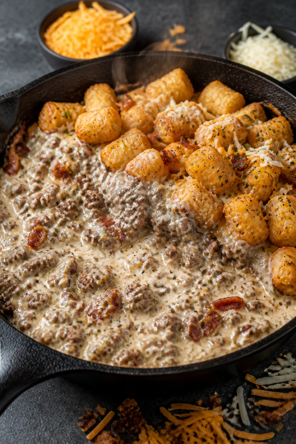 Cooking process, skillet close-up: Creamy ground beef mixture simmering in an oven-safe cast-iron sk