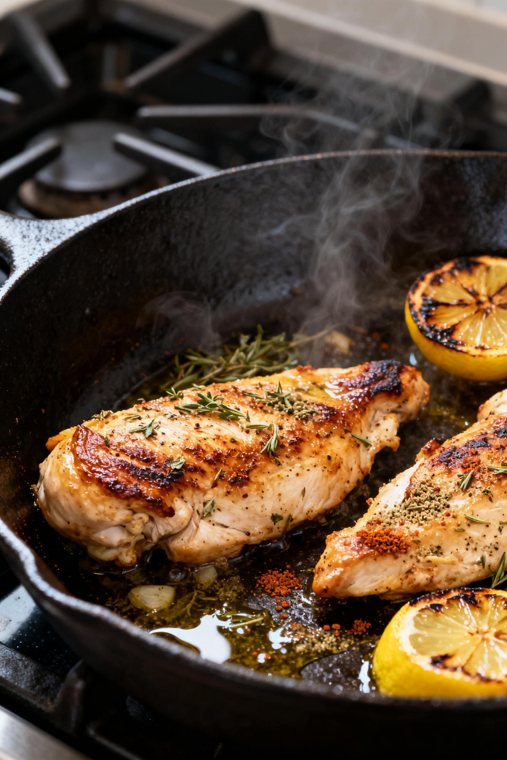 Cooking process, skillet sear: Juicy lemon-garlic marinated chicken strips sizzling in a cast-iron s