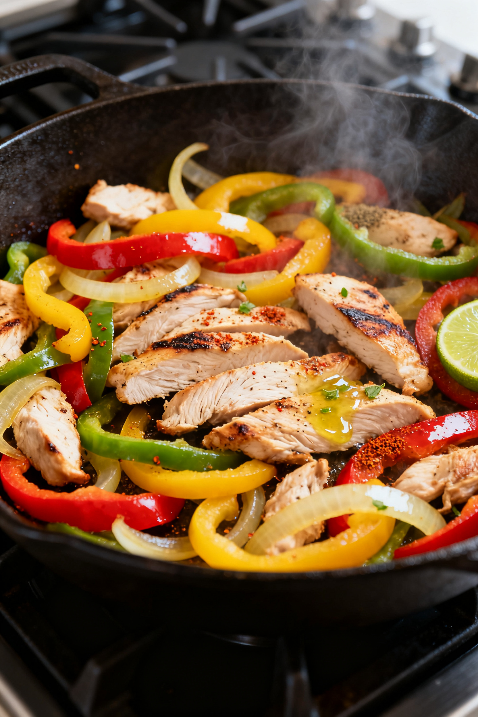 Cooking process, skillet sear: Sizzling chicken fajitas in a large cast-iron skillet over medium-hig