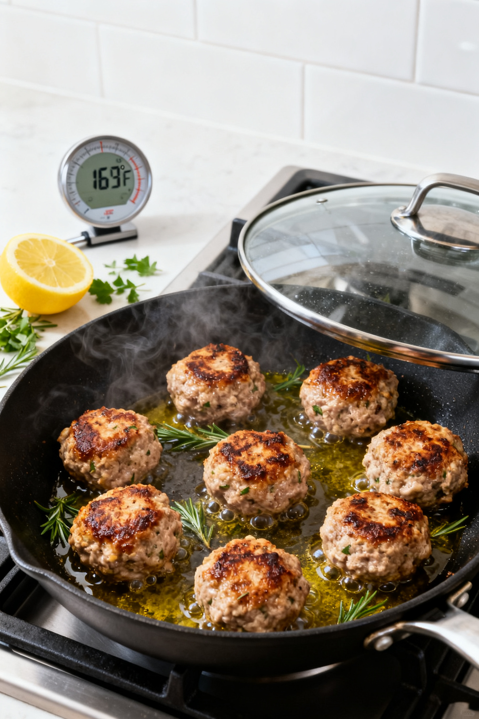 Cooking process: Skillet-seared turkey meatballs being finished on medium-low heat with a lid slight