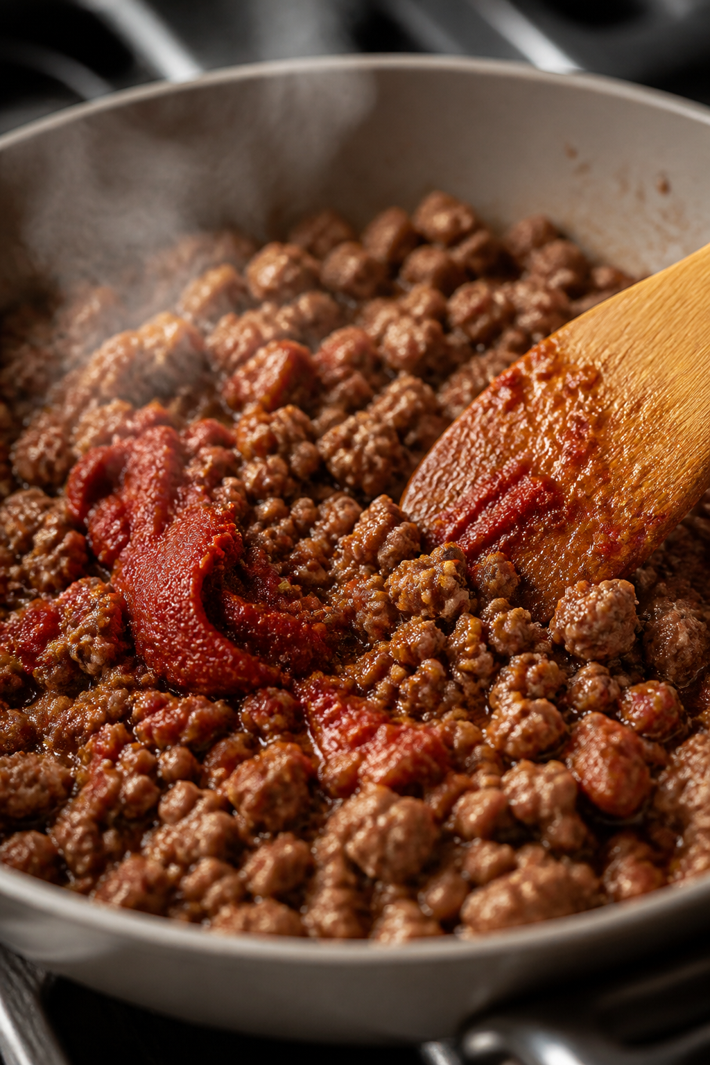 Cooking process — Skillet-sizzled seasoned ground beef: Close-up of browned, craggy bits of 90/10