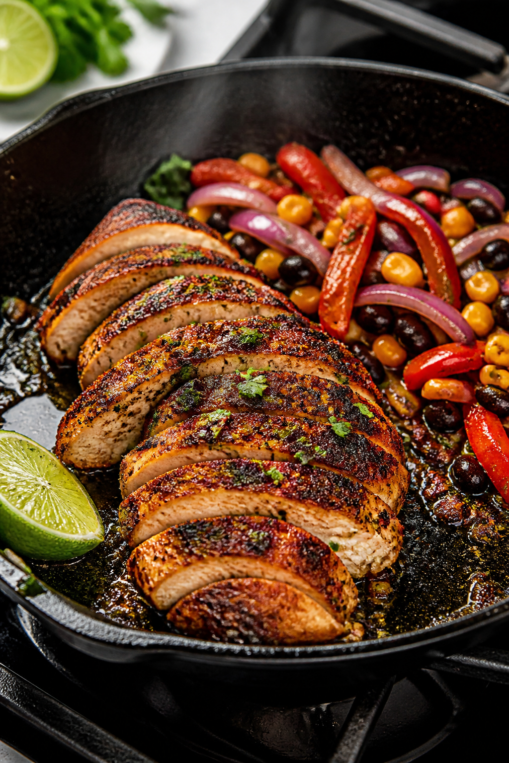 Cooking process: Sliced, spice-rubbed chicken breast searing in a hot skillet until caramelized and