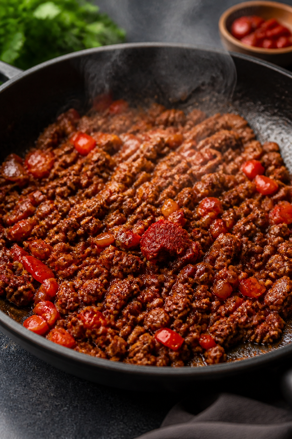 Cooking process — Spiced ground beef sizzling in a wide skillet with softened red onion and red be