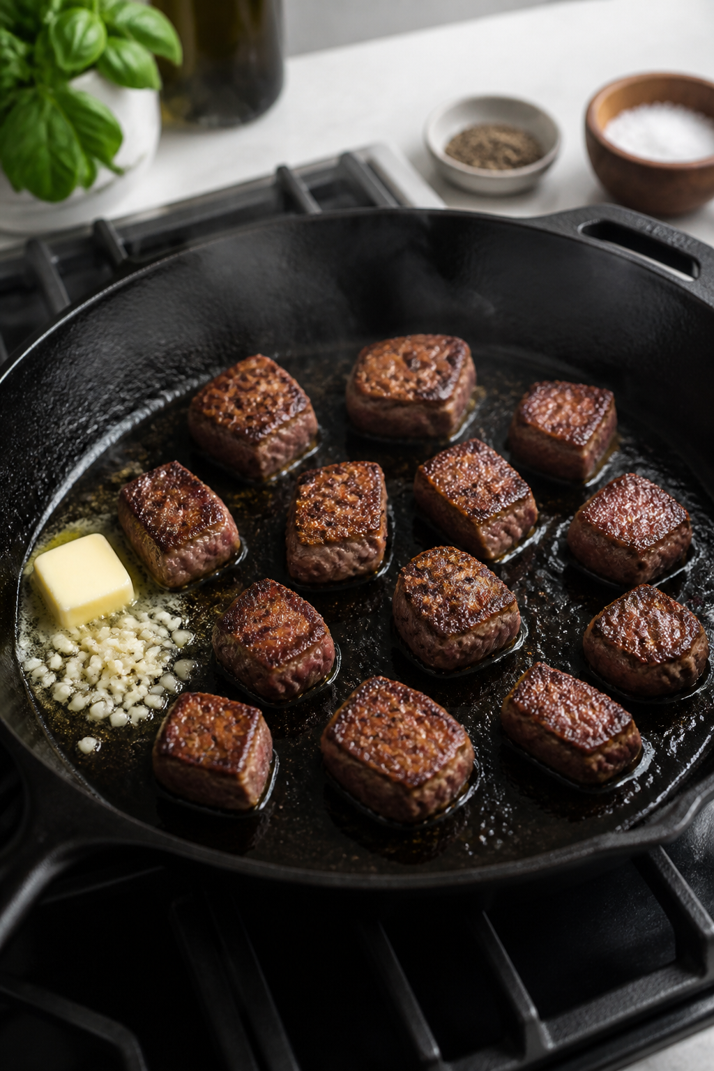 Cooking process: Steak bites searing in a large cast-iron skillet over medium-high heat, first batch