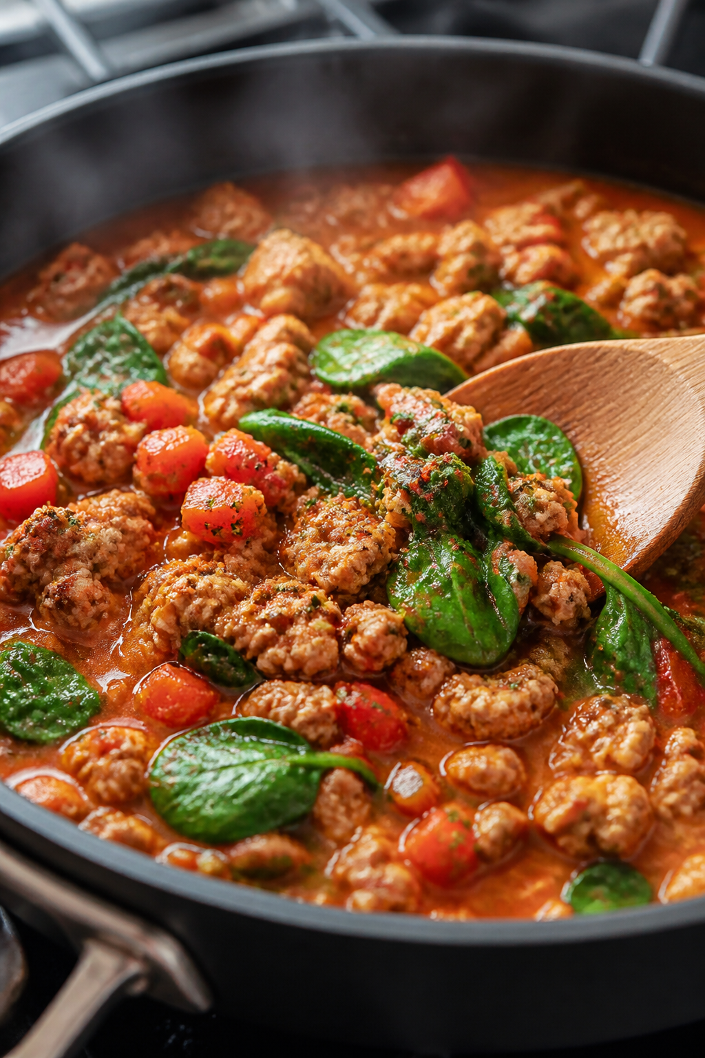 Cooking process, stovetop action: Close-up of browned lean ground turkey and diced red bell pepper s