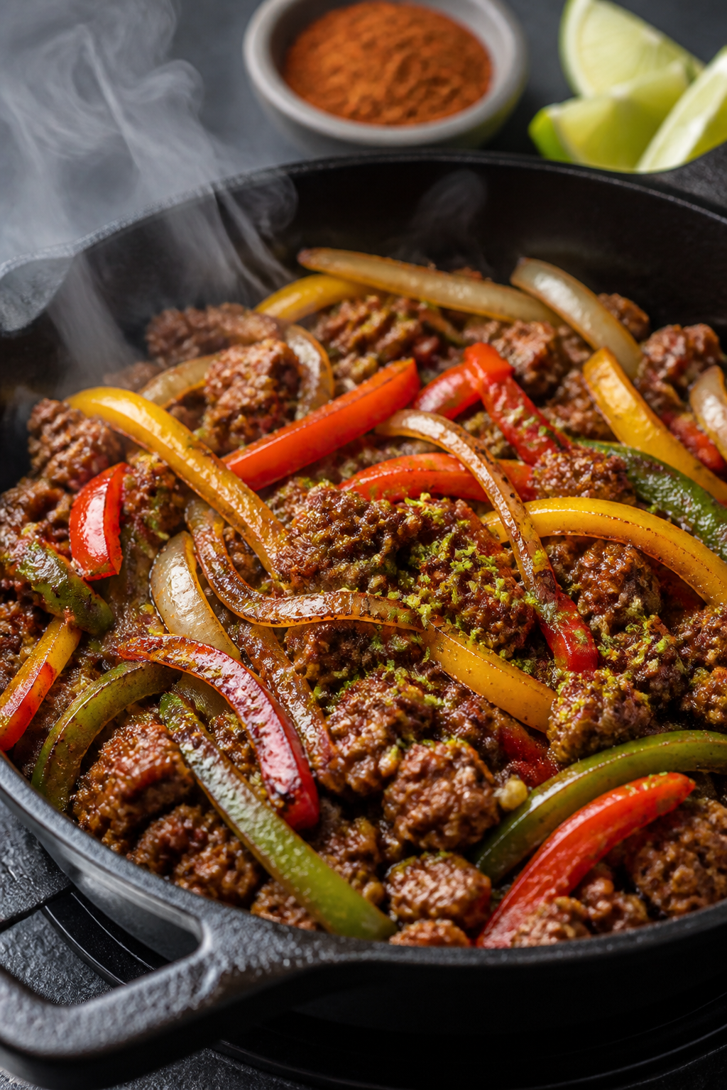 Cooking process, stovetop action: Sizzling ground beef fajita mix in a large cast-iron skillet over