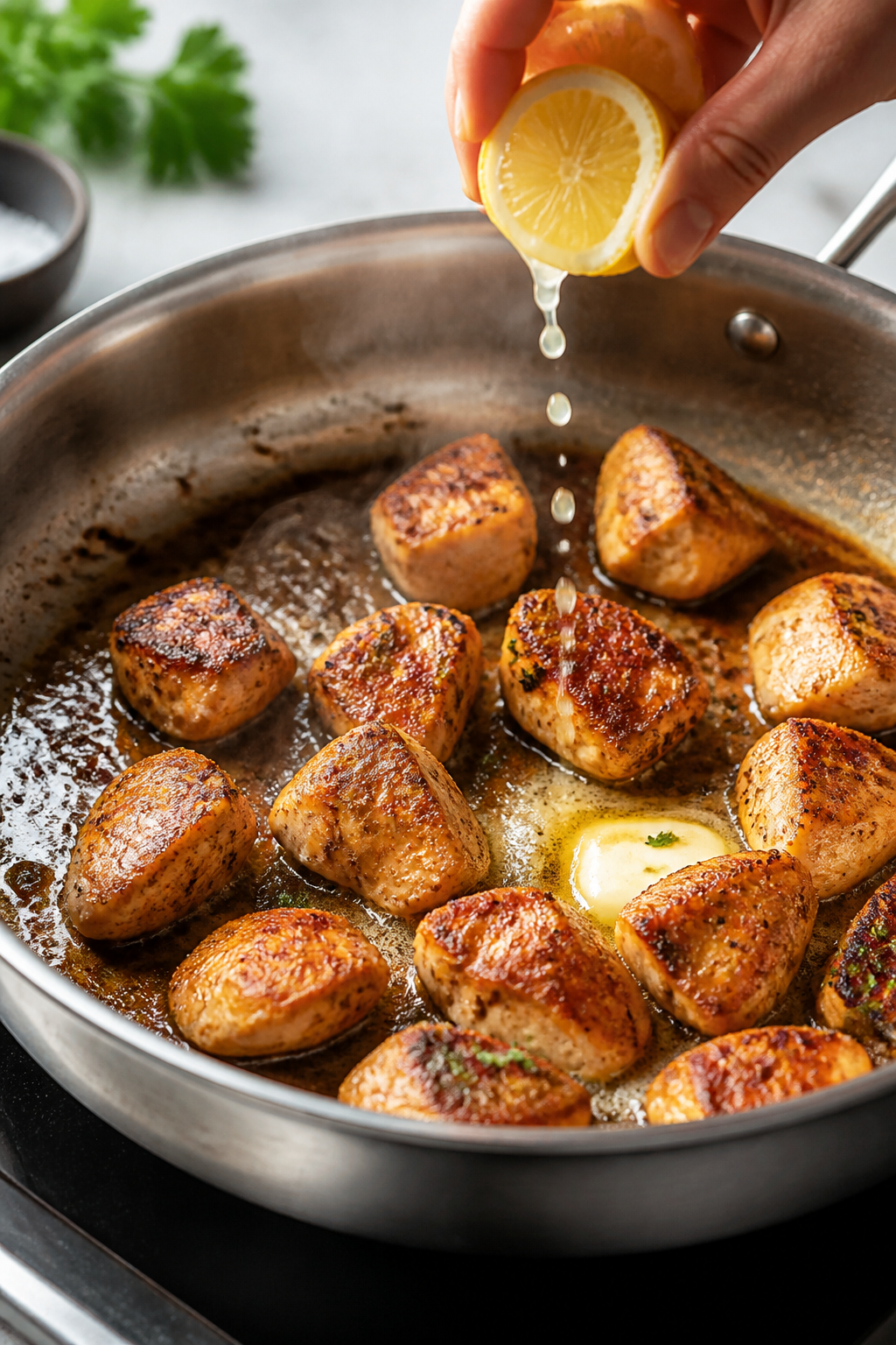 Cooking process, stovetop sear: Bite-size garlic-paprika chicken breast cubes sizzling in a large st